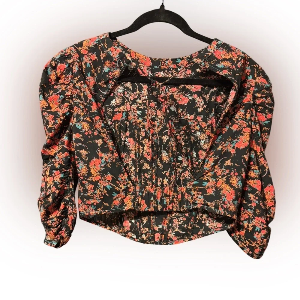 Free People Black Pink Floral Cropped Corset Top Open Back Puff Sleeve Size Sm
